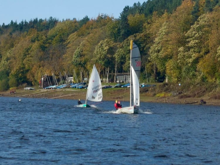 A Laser Radial and RS200 planing downwind